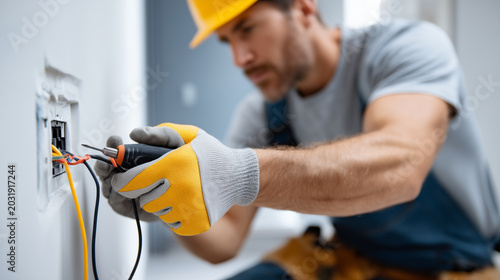 electrician installing electrical outlet, Expert performs maintenance work, Specialist handles electrical parts, Work area stays organized, Using hand tools, Gloves protect hands,