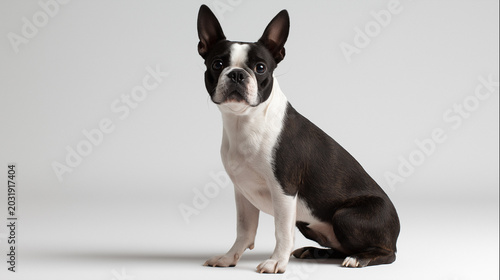 Boston Terrier dog sits in a studio setting with a plain background 