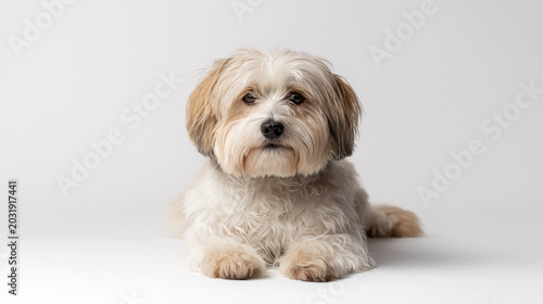 Havanese dog rests on a plain background while looking directly at the camera 