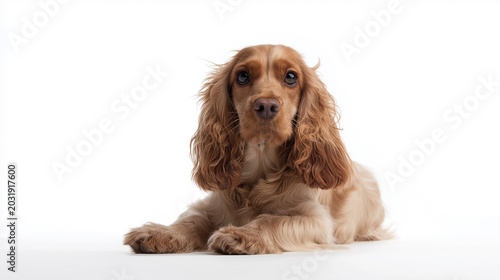 Cocker Spaniel Dog lays down with calm expression in bright studio space 