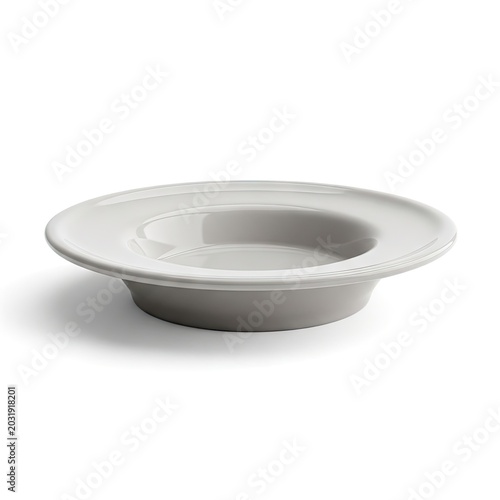 Empty White Ceramic Pasta Bowl with Wide Rim on White Background.