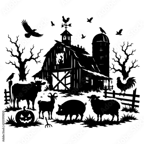 Spooky Halloween Farm Barn Animal Silhouette Scene