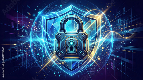 Padlock with shield and circuit board background, symbolizing cybersecurity and data protection