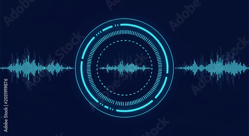 Futuristic HUD interface featuring a circular digital progress loader and cyan neon audio waveforms on a dark blue background for sound frequency and data visualization.