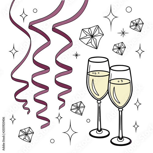 Foto Champagne glasses and curled streamers a celebratory vector illustration with sp