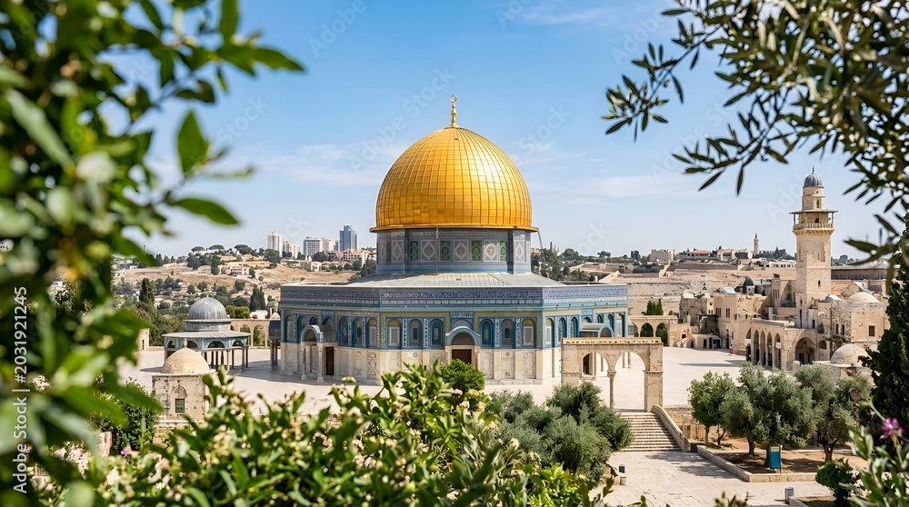 Fototapeta premium Dome of the Rock in Jerusalem framed by green foliage under blue sky in bright daylight