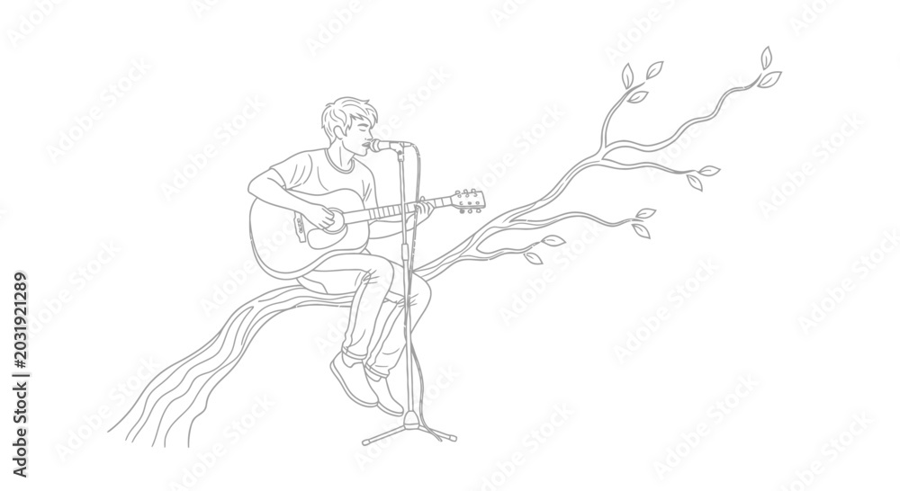 Obraz premium Musician playing guitar and singing into microphone while sitting on a tree branch