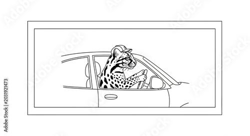 Ocelot Driving Car Wearing Cap