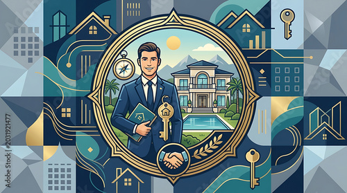 Real estate agent holding keys in front of houses