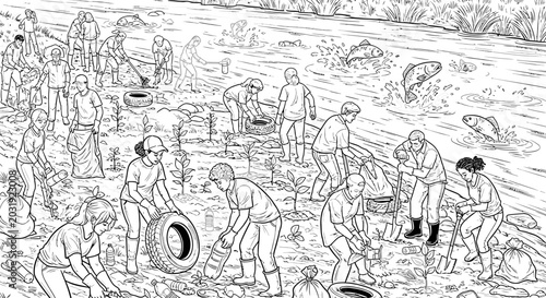 Diverse volunteers cleaning polluted river bank and planting trees