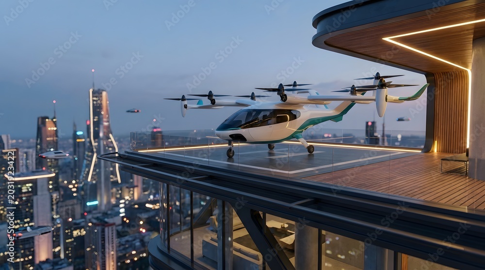 Fototapeta premium Futuristic electric vertical takeoff and landing aircraft parked on a modern skyscraper rooftop helipad overlooking a city skyline