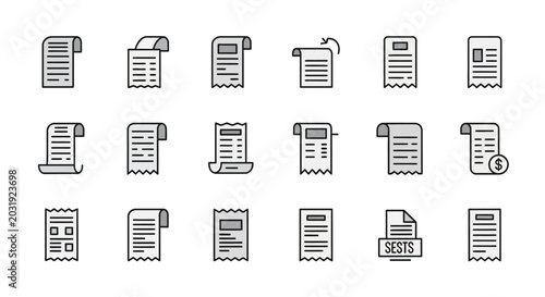 Foto Set of various receipt and document icons in linear style