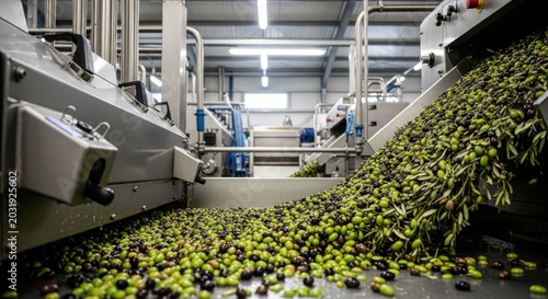 Freshly Harvested Olives on a Conveyor Belt in an Olive Oil Production Facility.