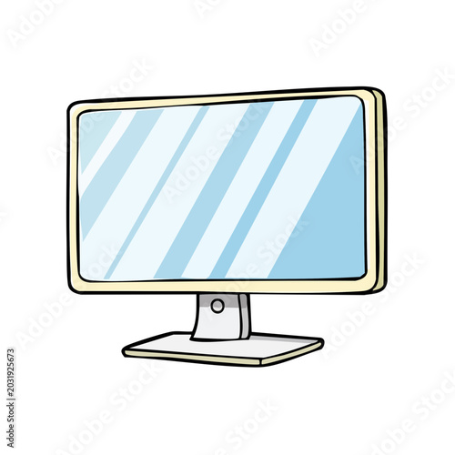Modern computer monitor screen with stand and reflection, simple cartoon drawing