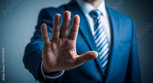 Stop Sign Hand Gesture: A man in a sharp blue suit and striped tie extends his hand forward, palm facing the viewer, conveying a clear message of stop or halt. This gesture represents denial, refusal.