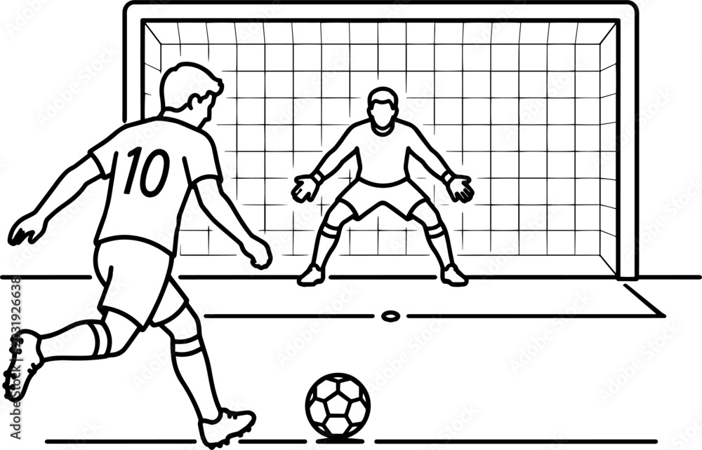 Fototapeta premium Soccer player number ten taking penalty kick against goalkeeper guarding net in line art illustration