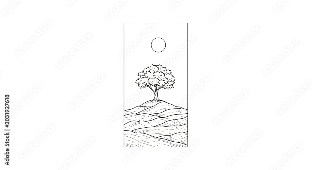Fototapeta premium Minimalist Tree Silhouette on Hill Under Moon, Black and White Line Art Landscape