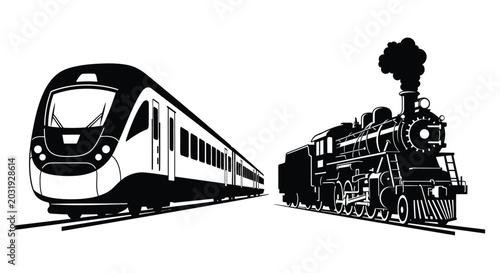 Obraz na płótnie Modern Bullet Train And Steam Locomotive Silhouettes On Tracks