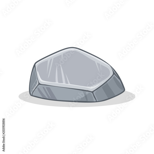Simple cartoon illustration of a single grey polygonal rock casting a soft shadow on a white surface.