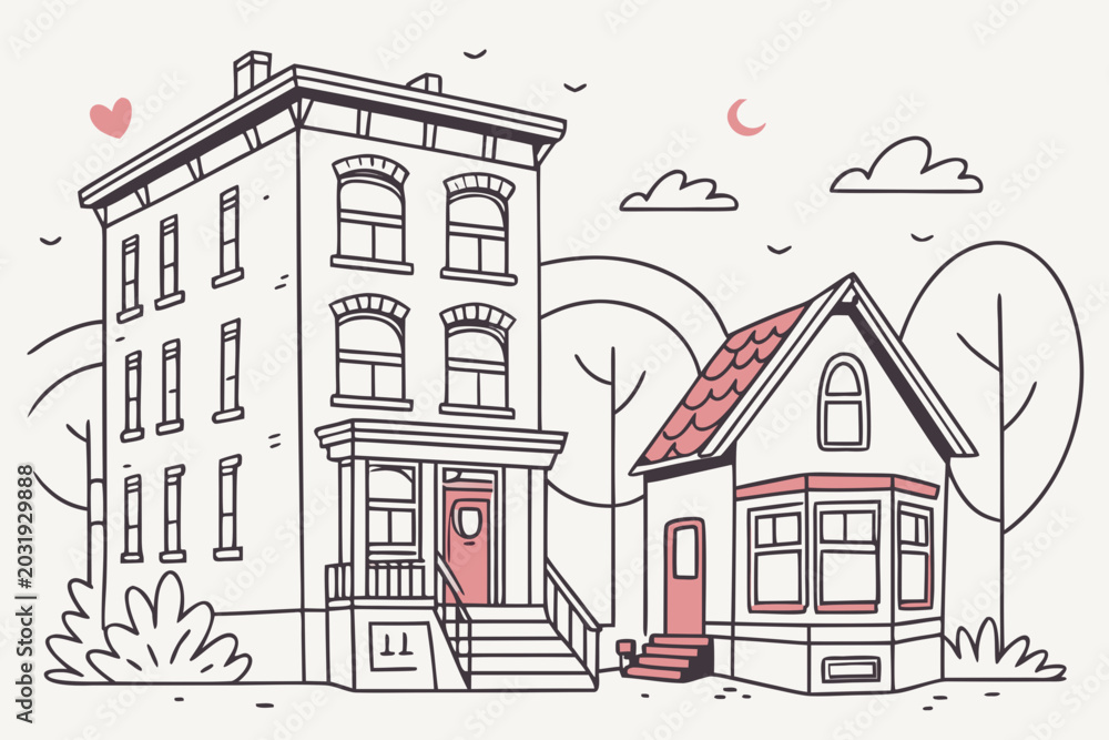 Naklejka premium Building And House Doodle Vector Art Urban Architectural Illustration