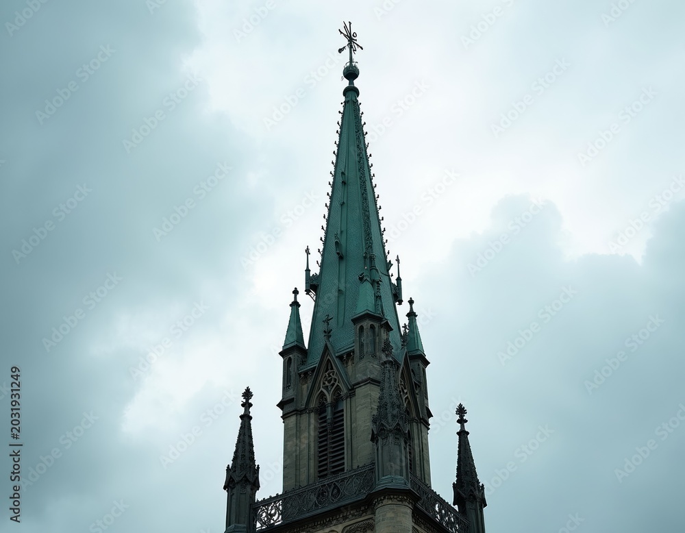 Fototapeta premium Tall gothic spire pierces cloudy sky. Intricate stone masonry and metal details crown aged church tower. Dramatic historical landmark looms against overcast weather.
