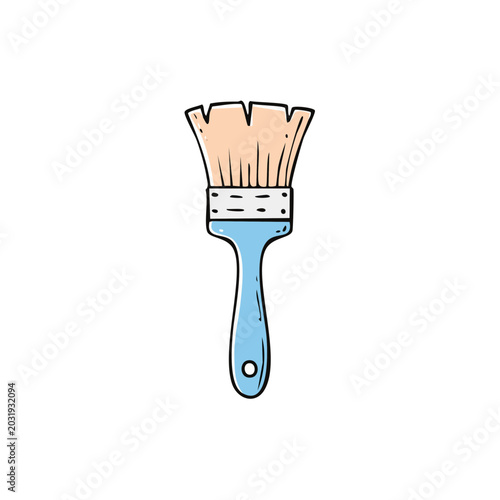 Hand-drawn illustration of a light blue paint brush with light brown bristles ready for use