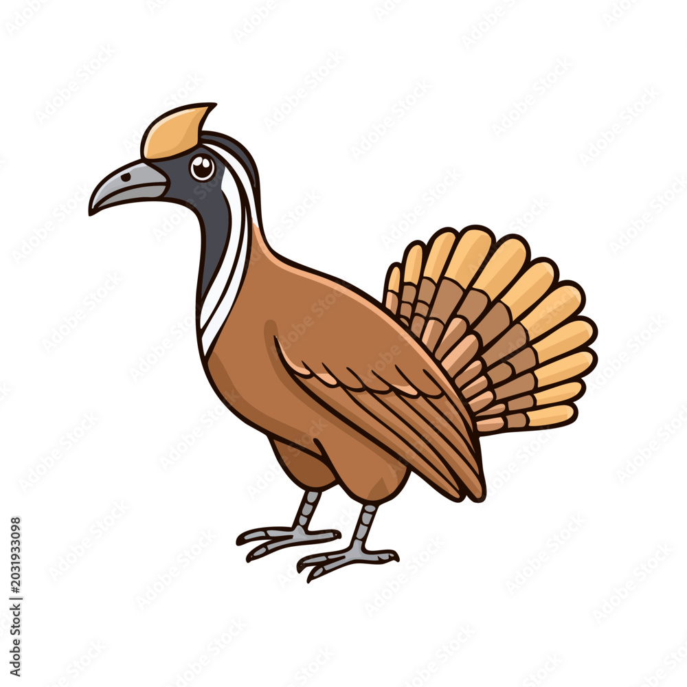 Fototapeta premium Cartoon Bird with Elaborate Tail Feathers and Crest Standing Side View