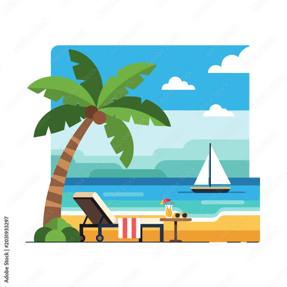 Obraz premium Tropical beach vacation scene with palm tree and sailboat illustration