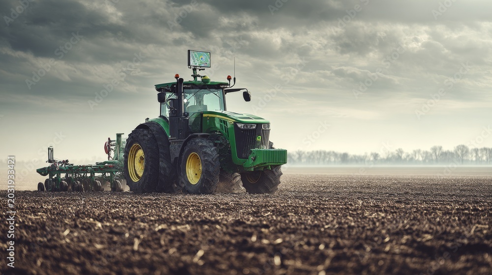 Fototapeta premium A large green tractor plows a field under a dramatic, overcast sky, pulling farming equipment. The scene evokes agriculture