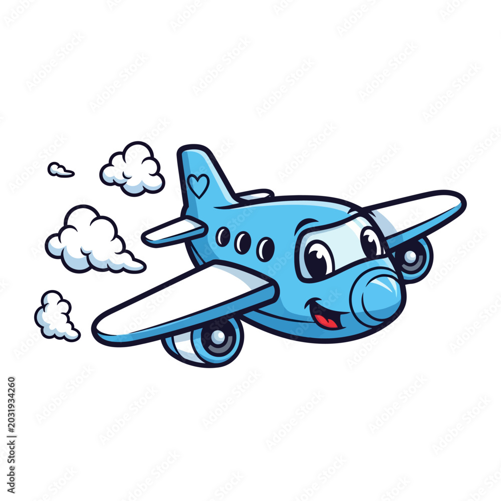 Naklejka premium Cartoon airplane flying, happy character with clouds - isolated on white background
