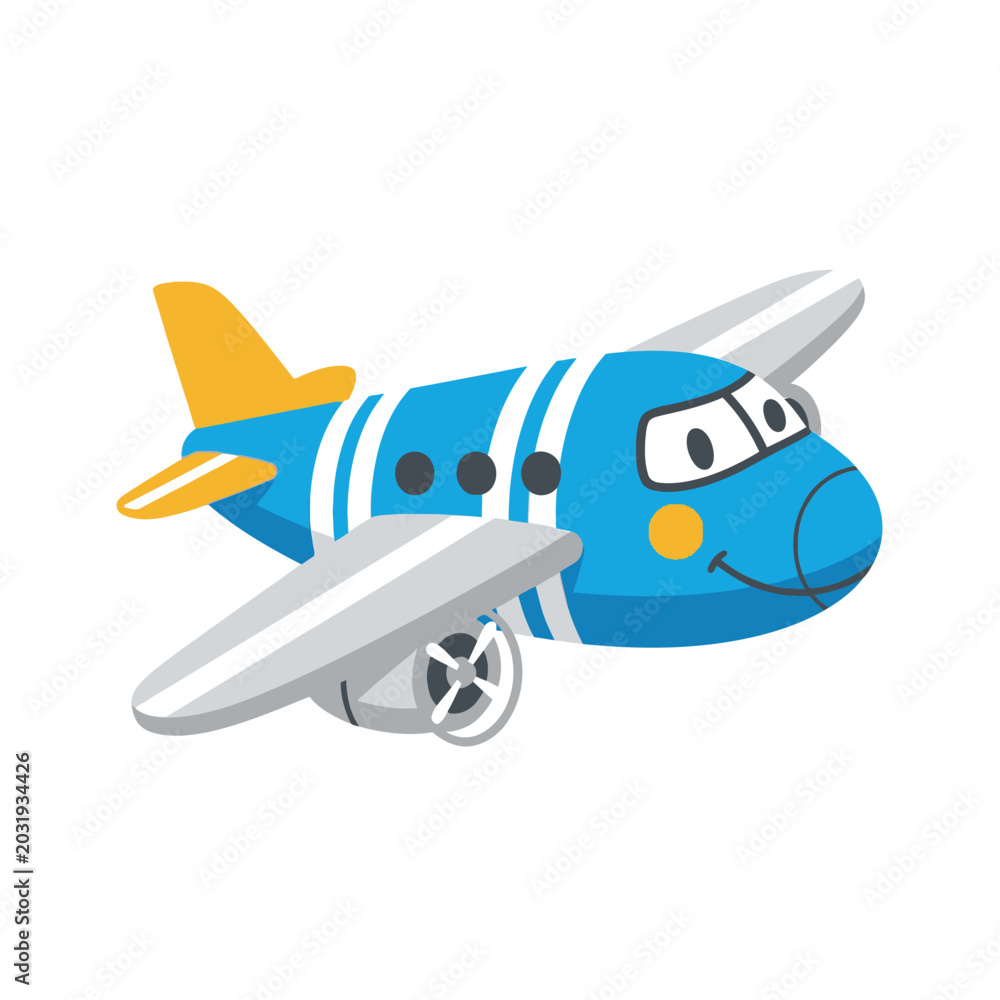 Naklejka premium Cartoon Airplane Illustration - Blue Aircraft Smiling, Isolated White