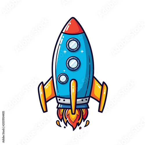 Cartoon rocket ship launch illustration, isolated on white background