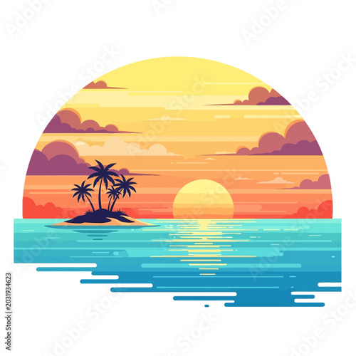 Tropical sunset island scene with vibrant colors and calm ocean