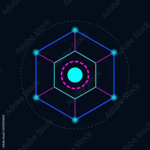 Schilderij op canvas Abstract neon hexagonal technology icon featuring glowing vertices and circular