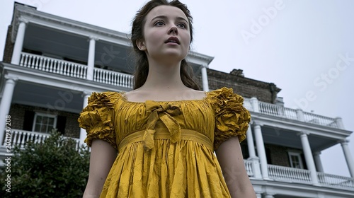 Thoughtful Young Woman in Ruffled Mustard Yellow Regency Dress Looking Upward Outside Grand Historic Columned Mansion on Overcast Day