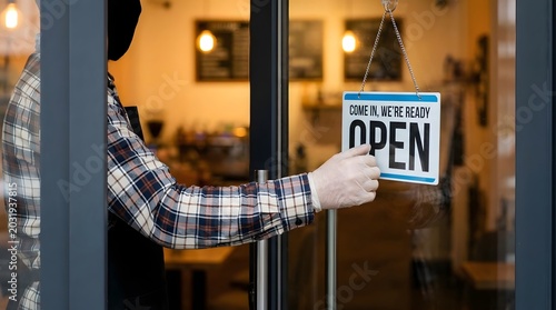 Shop Owner Placing Open Sign on Glass Door