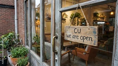 Hanging Open Sign in Glass Door of Local Bookstore