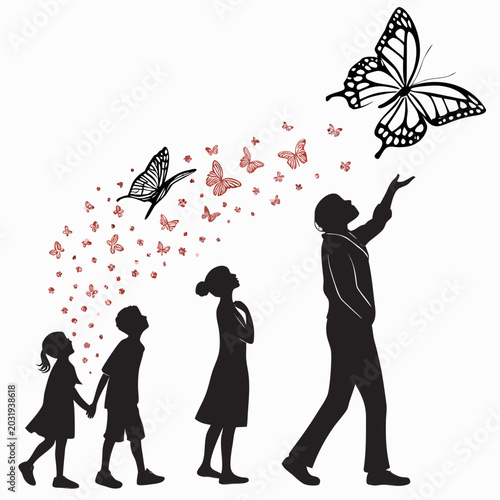 Photos Silhouettes of people and butterflies in a vector illustration depicting growth