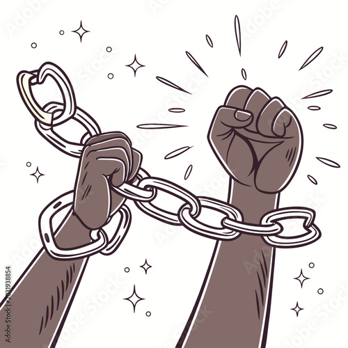 Foto Breaking chains illustration depicts a dark skinned hand with a clenched fist sy