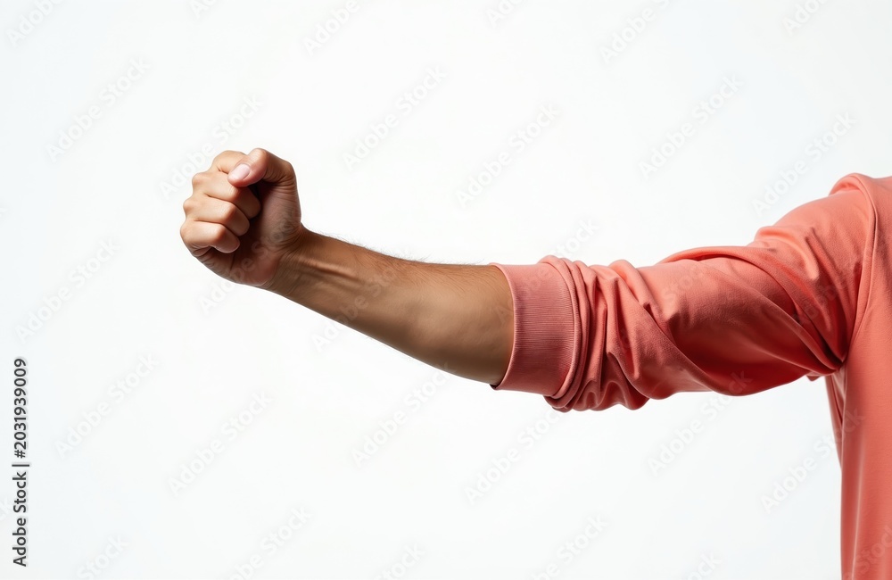 Fototapeta premium Person shows clenched fist gesture in studio. Male arm in casual coral sweatshirt isolated on white background. Shows power, strength, or defiance.