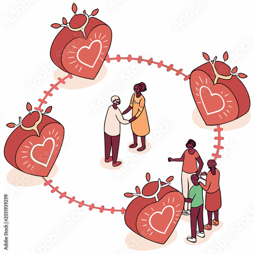 Slika na platnu Interconnected hearts and people in a circular arrangement a vibrant vector illu