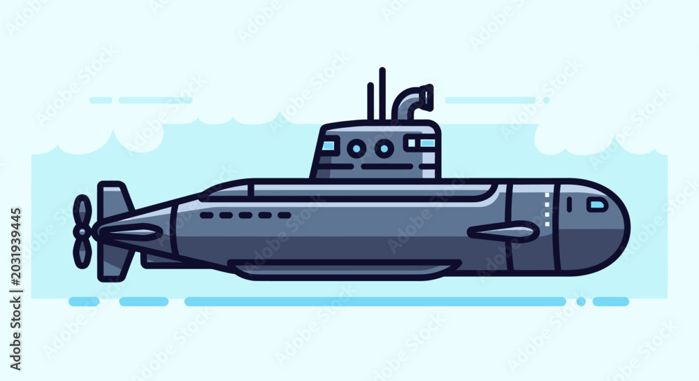 Fototapeta premium Flat design submarine illustration. Underwater naval vessel for military, research, or deep sea exploration in cartoon vector art style.