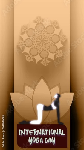 International Yoga Day Animation with Woman in Camel Pose, Lotus Mandala Background and Wellness Theme