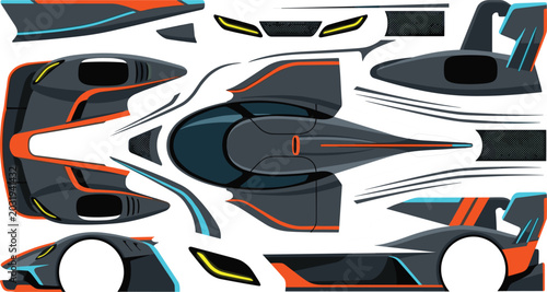 Fotografie Futuristic hypercar racing concept vector kit with dark grey sports supercar bre