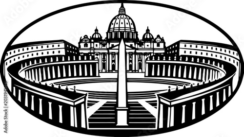 Fotografie Vatican City Vector Illustration Clean Style Within An Oval Frame Black And Whit