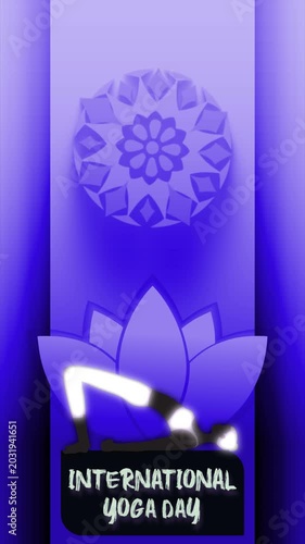 International Yoga Day Animated Background with Lotus Flower and Glowing Yoga Pose in Blue Theme
