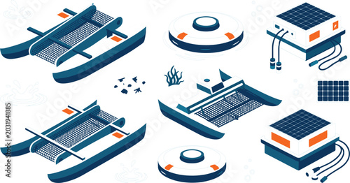 Slika na platnu Isometric solar powered ocean cleaning drone vector kit with marine waste collec