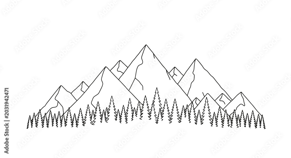 Naklejka premium Minimalist mountain range with pine forest outline, vector illustration, clean design