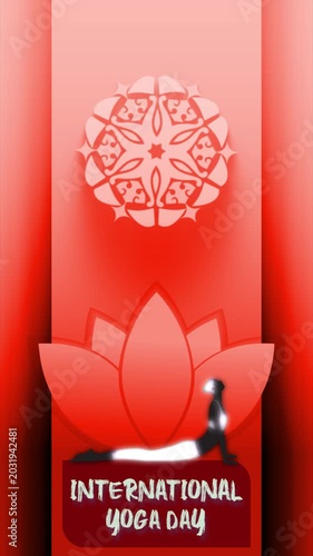 Glowing International Yoga Day Animation with Lotus Flower and Meditating Woman Silhouette Background