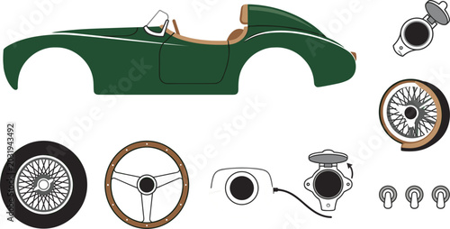 Schilderij op canvas Classic british racing green roadster vector kit with vintage sports car body ch